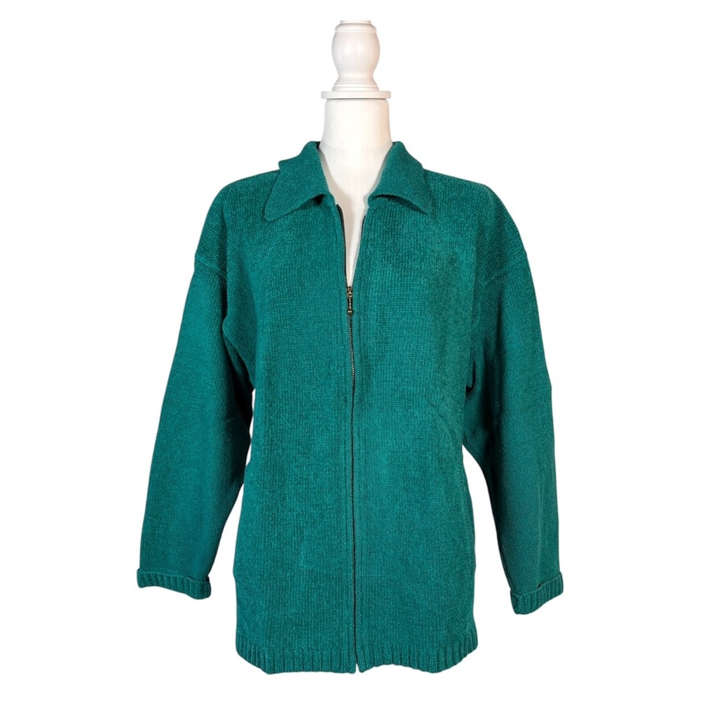 90s Diane Von Furstenberg Front‎ Zip Cardigan Sweater Women’s M Teal Knit Casual